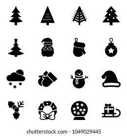 Solid vector icon set - christmas tree vector, santa claus, glove, ball, snowfall, gloves, snowman, hat, holly, wreath, snowball, sleigh gift