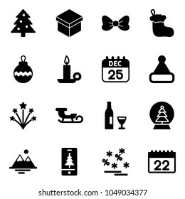 Solid vector icon set - christmas tree vector, gift, bow, sock, ball, candle, 25 dec calendar, hat, firework, sleigh, wine, snowball, mountains, mobile, sale