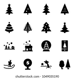 Solid vector icon set - christmas tree vector, landscape, house, snowball, mobile, hand sproute, money, palm, forest