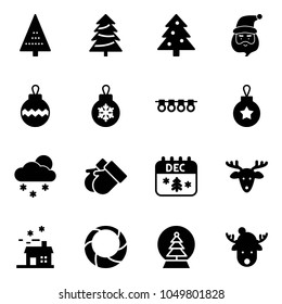 Solid vector icon set - christmas tree vector, santa claus, ball, garland, snowfall, gloves, calendar, deer, house, wreath, snowball, hat