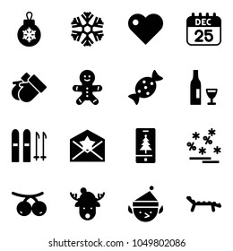 Solid vector icon set - christmas ball vector, snowflake, heart, 25 dec calendar, gloves, cake man, candy, wine, ski, star letter, mobile, sale, rowanberry, deer hat, elf, lounger