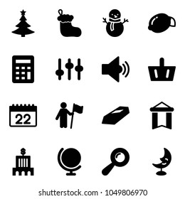 Solid vector icon set - christmas tree vector, sock, snowman, lemon, calculator, settings, volume medium, basket, calendar, win, gold, pennant, bank building, globe, beanbag, moon lamp