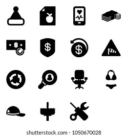 Solid vector icon set - christmas hat vector, diet list, mobile heart monitor, cash, safe, money back, side wind road sign, circle, head hunter, office chair, swimsuit, cap, crown drill