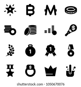 Solid vector icon set - christmas star vector, bitcoin, monero, coin, money torch, golden branch, gold medal, finger ring, crown, casting of steel