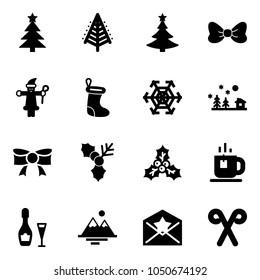 Solid vector icon set - christmas tree vector, bow, santa claus, sock, snowflake, landscape, holly, tea, wine, mountains, star letter, stick