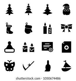 Solid vector icon set - christmas tree vector, santa claus, sock, glove, candle, bow, hat, certificate, butterfly, scythe, brush, sailboat toy