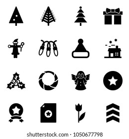 Solid vector icon set - christmas tree vector, gift, santa claus, garland, hat, house, holly, wreath, angel, star medal, certificate, tulip, chevron