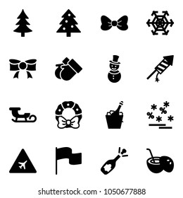 Solid vector icon set - christmas tree vector, bow, snowflake, gloves, snowman, firework rocket, sleigh, wreath, champagne, sale, airport road sign, flag, fizz opening, coconut cocktail