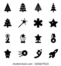 Solid vector icon set - christmas tree vector, Magic wand, ambulance star, award, medal, first satellite, flying man, rocket