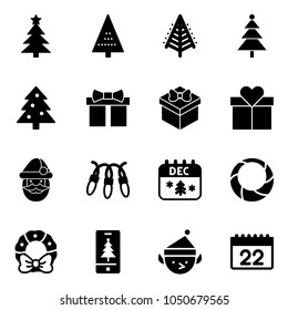 Solid vector icon set - christmas tree vector, gift, santa claus, garland, calendar, wreath, mobile, elf