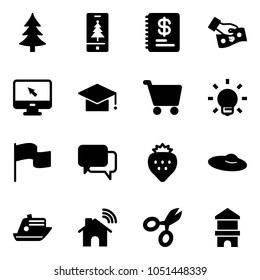 Solid vector icon set - christmas tree vector, mobile, annual report, cash pay, monitor cursor, graduate hat, cart, bulb, flag, dialog, strawberry, woman, cruiser, wireless home, scissors