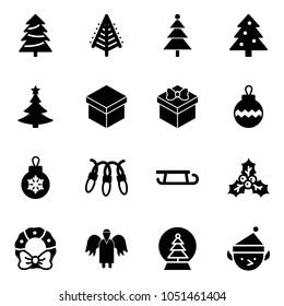 Solid vector icon set - christmas tree vector, gift, ball, garland, sleigh, holly, wreath, angel, snowball, elf