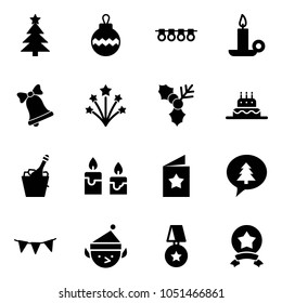 Solid vector icon set - christmas tree vector, ball, garland, candle, bell, firework, holly, cake, champagne, star postcard, merry message, flag, elf, medal