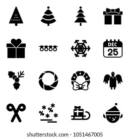 Solid vector icon set - christmas tree vector, gift, garland, snowflake, 25 dec calendar, holly, wreath, angel, santa stick, sale, sleigh, elf