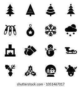 Solid vector icon set - christmas tree vector, garland, ball, snowflake, snowfall, fireplace, gloves, snowman, sleigh, holly, snowball house, deer hat