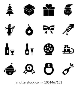 Solid vector icon set - christmas tree vector, gift, santa claus, ball, bow, firework rocket, wine, snowball, sleigh, elf, gold medal, finger ring, fizz opening