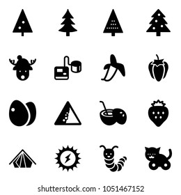 Solid vector icon set - christmas tree vector, deer hat, tonometer, banana, sweet pepper, eggs, landslide road sign, coconut cocktail, strawberry, tent, sun power, toy caterpillar, cat