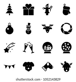 Solid vector icon set - christmas tree vector, gift, santa claus, glove, snowman, deer, wreath, falling star, wine glasses, snowball house, flag garland, dog, hat