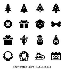Solid vector icon set - christmas tree vector, firework, gift, bow, santa claus, ball, wreath, sleigh, calendar