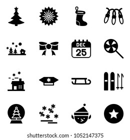 Solid vector icon set - christmas tree vector, firework, sock, garland, landscape, bow, 25 dec calendar, lollipop, house, candy, sleigh, ski, snowball, sale, elf, star medal