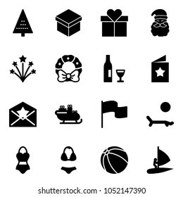 Solid vector icon set - christmas tree vector, gift, santa claus, firework, wreath, wine, star postcard, letter, sleigh, flag, lounger, swimsuit, ball, windsurfing