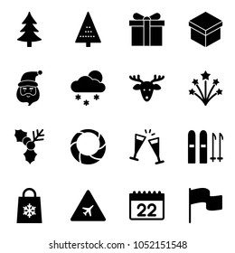 Solid vector icon set - christmas tree vector, gift, santa claus, snowfall, deer, firework, holly, wreath, wine glasses, ski, shop bag snowflake, airport road sign, calendar, flag