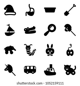 Solid vector icon set - christmas hat vector, stomach, basin, shovel, sailboat toy, crocodile, beanbag, horse stick, elephant wheel, caterpillar, rabbit, yoyo, unicorn, bus, boat, cat