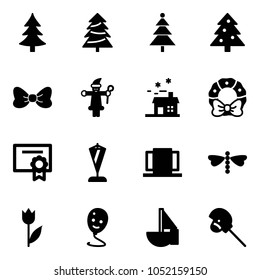 Solid vector icon set - christmas tree vector, bow, santa claus, house, wreath, certificate, pennant, doors, dragonfly, tulip, balloon smile, sailboat toy, horse stick