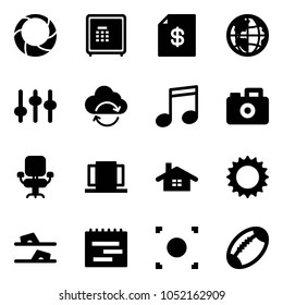 Solid vector icon set - christmas wreath vector, safe, account statement, globe, settings, refresh cloud, music, camera, office chair, doors, home, sun, flip flops, terms plan, record button