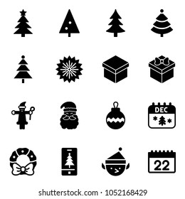 Solid vector icon set - christmas tree vector, firework, gift, santa claus, ball, calendar, wreath, mobile, elf