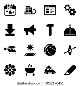 Solid vector icon set - christmas calendar vector, sleigh gift, website, gear, download, loudspeaker, work, crown, helicopter, mat, ball, kayak, flower, grill, car baggage, knife
