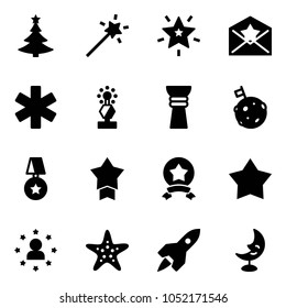 Solid vector icon set - christmas tree vector, Magic wand, star, letter, ambulance, award, moon flag, medal, man, starfish, rocket, lamp