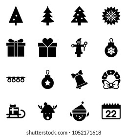 Solid vector icon set - christmas tree vector, firework, gift, santa claus, ball, garland, bell, wreath, sleigh, deer hat, elf, calendar