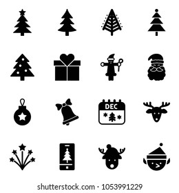 Solid vector icon set - christmas tree vector, gift, santa claus, ball, bell, calendar, deer, firework, mobile, hat, elf