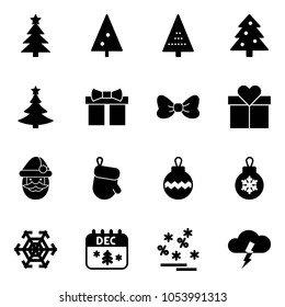 Solid vector icon set - christmas tree vector, gift, bow, santa claus, glove, ball, snowflake, calendar, sale, storm