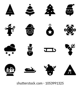 Solid vector icon set - christmas tree vector, santa claus, ball, snowflake, snowfall, snowman, sleigh, holly, snowball house, snowmobile, deer hat, slippery road sign