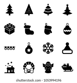 Solid vector icon set - christmas tree vector, gift, sock, glove, ball, garland, snowflake, hat, house, wreath, angel, santa sleigh