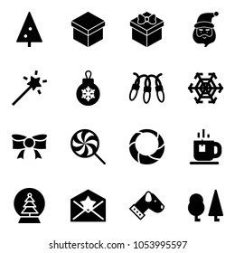 Solid vector icon set - christmas tree vector, gift, santa claus, Magic wand, ball, garland, snowflake, bow, lollipop, wreath, tea, snowball, star letter, dog, forest