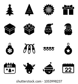Solid vector icon set - christmas tree vector, firework, gift, santa claus, ball, garland, calendar, deer hat, elf