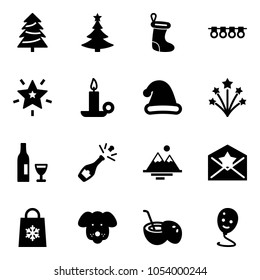 Solid vector icon set - christmas tree vector, sock, garland, star, candle, hat, firework, wine, champagne, mountains, letter, shop bag snowflake, dog, coconut cocktail, balloon smile