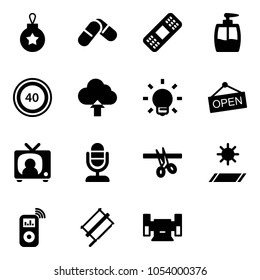 Solid vector icon set - christmas ball vector, pills, medical patch, liquid soap, speed limit 40 road sign, upload cloud, bulb, open, tv news, microphone, opening, mat, music player, bucksaw