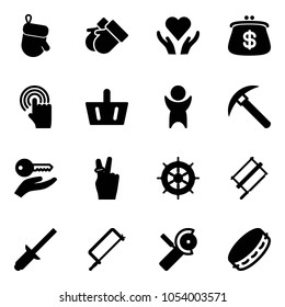 Solid vector icon set - christmas glove vector, gloves, heart care, purse, hand cursor, basket, success, rock axe, key, victory, wheel, bucksaw, clinch, metal hacksaw, Angular grinder, tambourine
