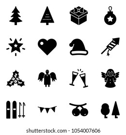 Solid vector icon set - christmas tree vector, gift, ball, star, heart, hat, firework rocket, holly, angel, wine glasses, ski, flag garland, rowanberry, forest