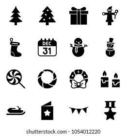 Solid vector icon set - christmas tree vector, gift, santa claus, sock, 31 dec calendar, snowman, lollipop, wreath, candle, snowmobile, star postcard, flag garland, medal
