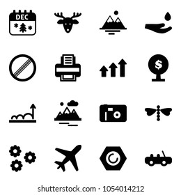 Solid vector icon set - christmas calendar vector, deer, mountains, drop hand, no limit road sign, printer, arrows up, money tree, growth, photo, dragonfly, flower, plane, nut, toy car