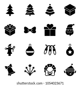 Solid vector icon set - christmas tree vector, gift, bow, santa claus, ball, garland, bell, firework, wreath, elf