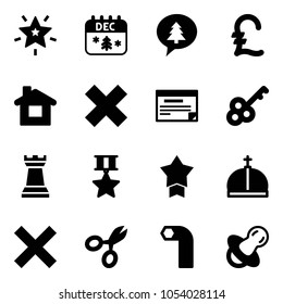 Solid vector icon set - christmas star vector, calendar, merry message, pound, home, delete cross, schedule, key, chess tower, medal, crown, scissors, allen, soother