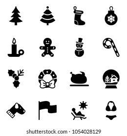 Solid vector icon set - christmas tree vector, sock, ball, candle, cake man, snowman, lollipop, holly, wreath, turkey, snowball house, dog, flag, beach, swimsuit