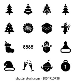 Solid vector icon set - christmas tree vector, firework, gift, santa claus, sock, garland, snowman, hat, wine glasses, elf, gold medal