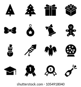 Solid vector icon set - christmas tree vector, gift, bow, ball, bell, cake man, snowman, firework rocket, angel, snowball, graduate hat, gold medal, fizz opening